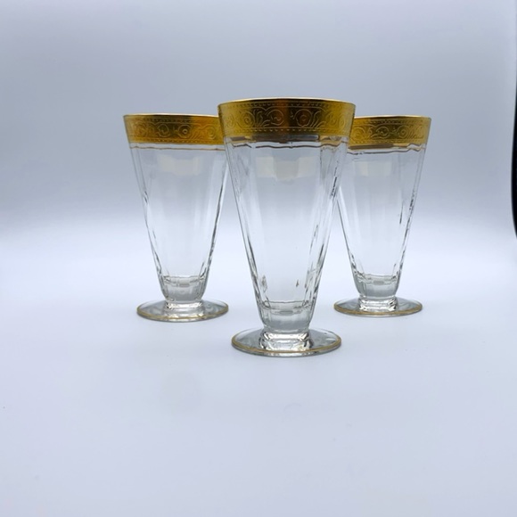 Vintage 40s Tiffin Franciscan Crystal Minton Gilt Etched Footed Drinking Glasses - Picture 11 of 13
